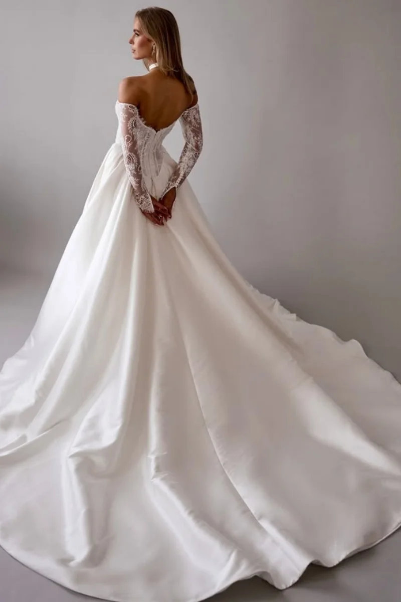 فساتين سهرة جيسيكا دانتيل مطرزة بأكمام طويلة من الساتان الأبيض فساتين لحضور الحفلات الموسيقية الفاخرة على شكل حرف a من فيستدوس دي فييستا مخصصة #4