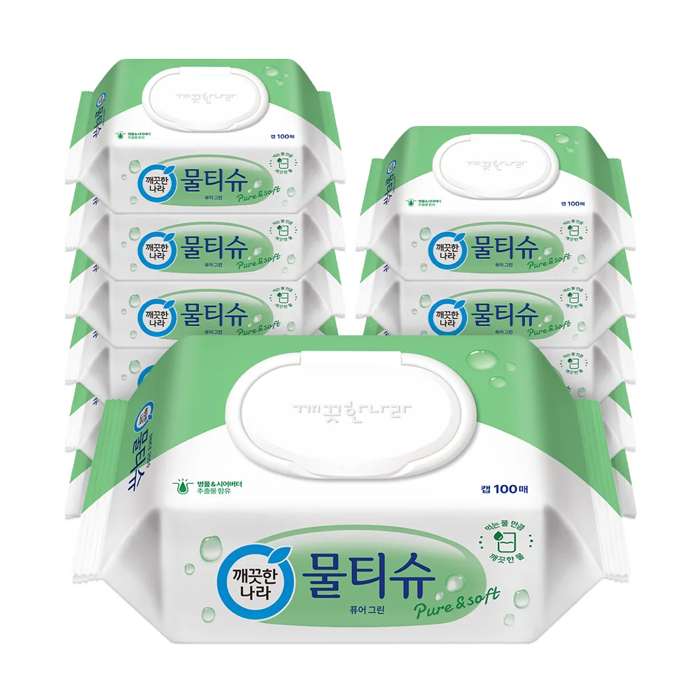 깨끗한나라 물티슈 퓨어그린 캡형 100매 12팩