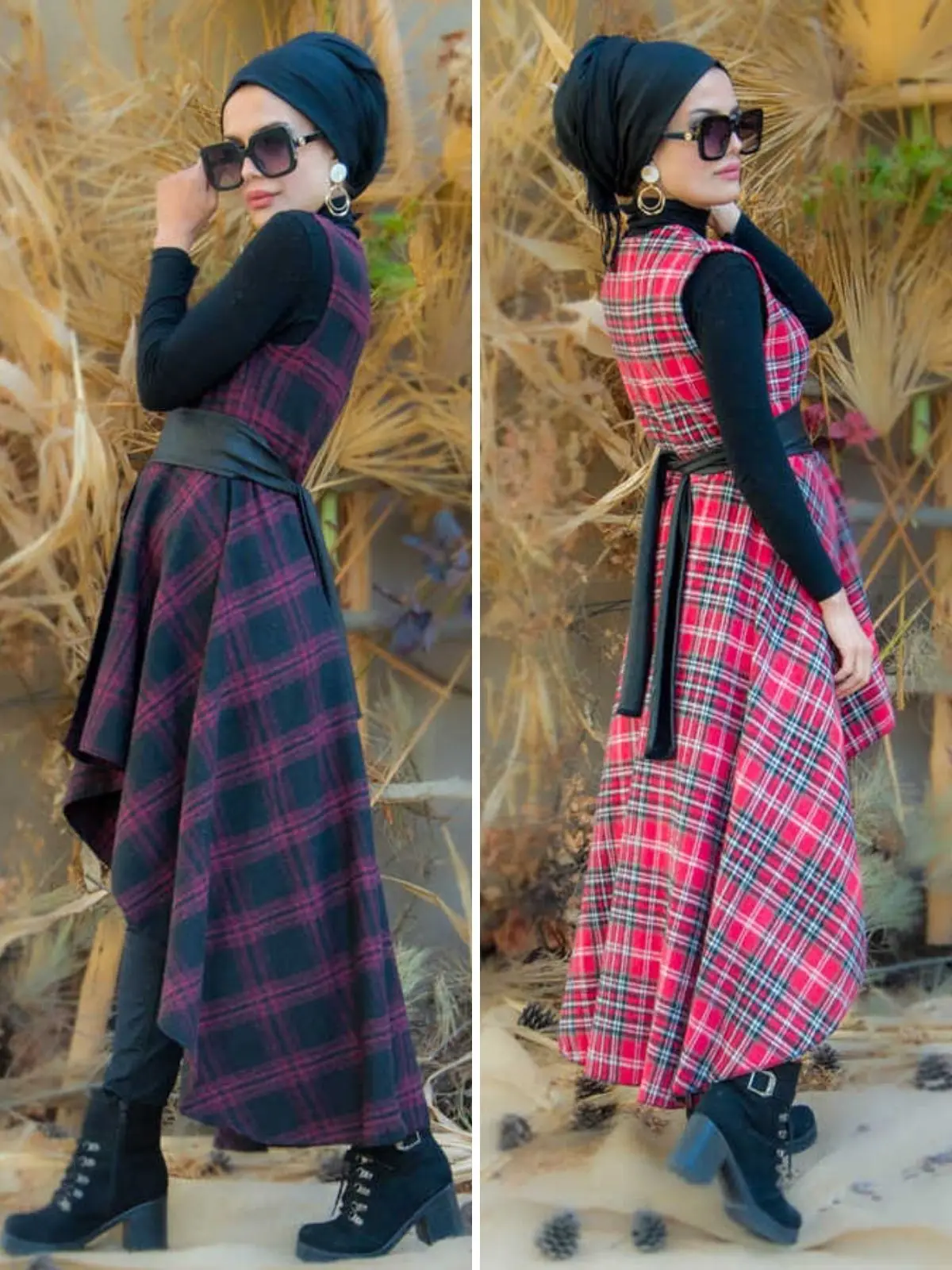 

Plaid Vest with Leather Belt , Tunic Dress Outwear Soft Warm Winter Hijab Muslim Fashion Daily Wear Useful Stylish