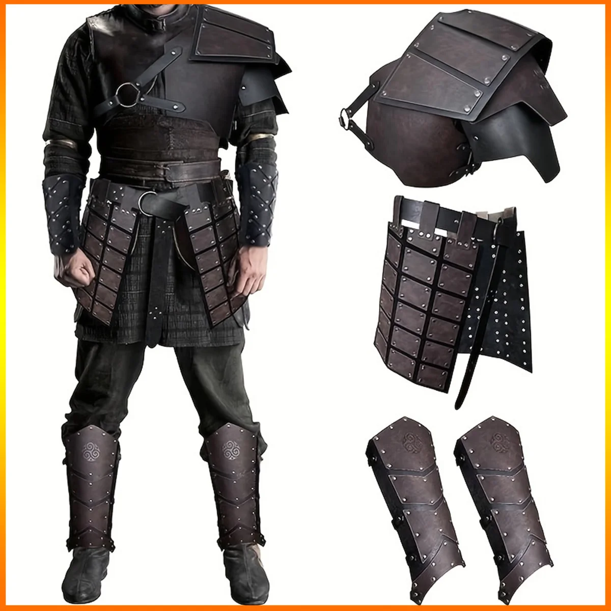 

Tactical Viking Single Pauldron Shoulder Armor Leggings Guard Retro Vintage Faux Leather Viking Warrior Set for LARP Ren Faire