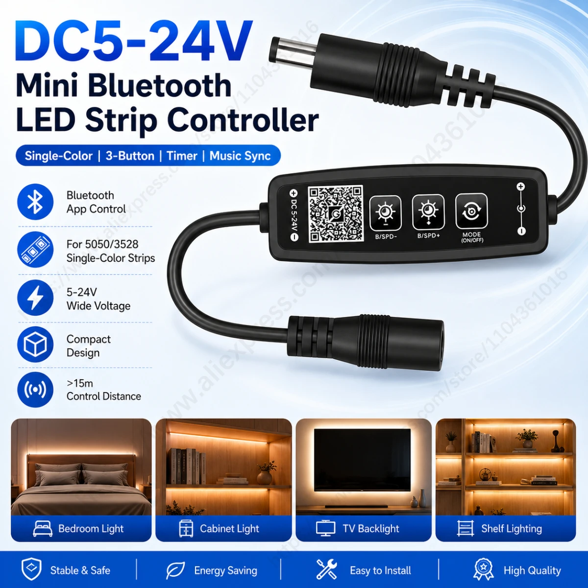 DC5-24V Mini Bluetooth LED Strip Controller Single Color Dimmer 3-Key App Control Music Sync Timer for 5050 3528 LED Light Strip