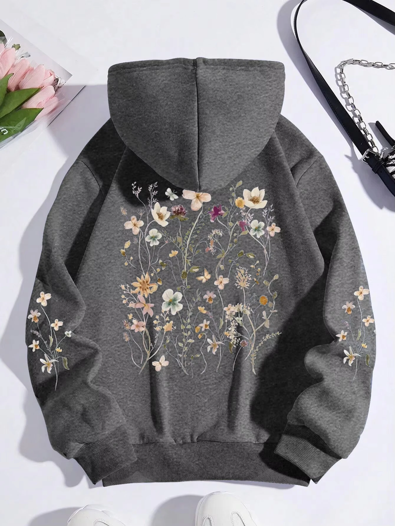 Colorful Flowers Printing Women Sweatshirt Harajuku Casual Sweatshirt Fashion Loose Hoodie Autumn Warm Vintage Fleece Woman Top