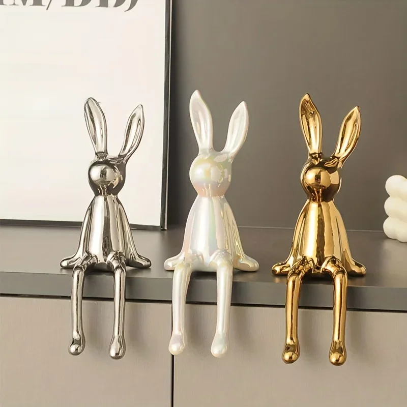 Statue de lapin assis à longues oreilles en céramique, 1 pièce, ornements de salle de luxe, accessoires de décoration pour la maison, esthétique artistique haut de gamme