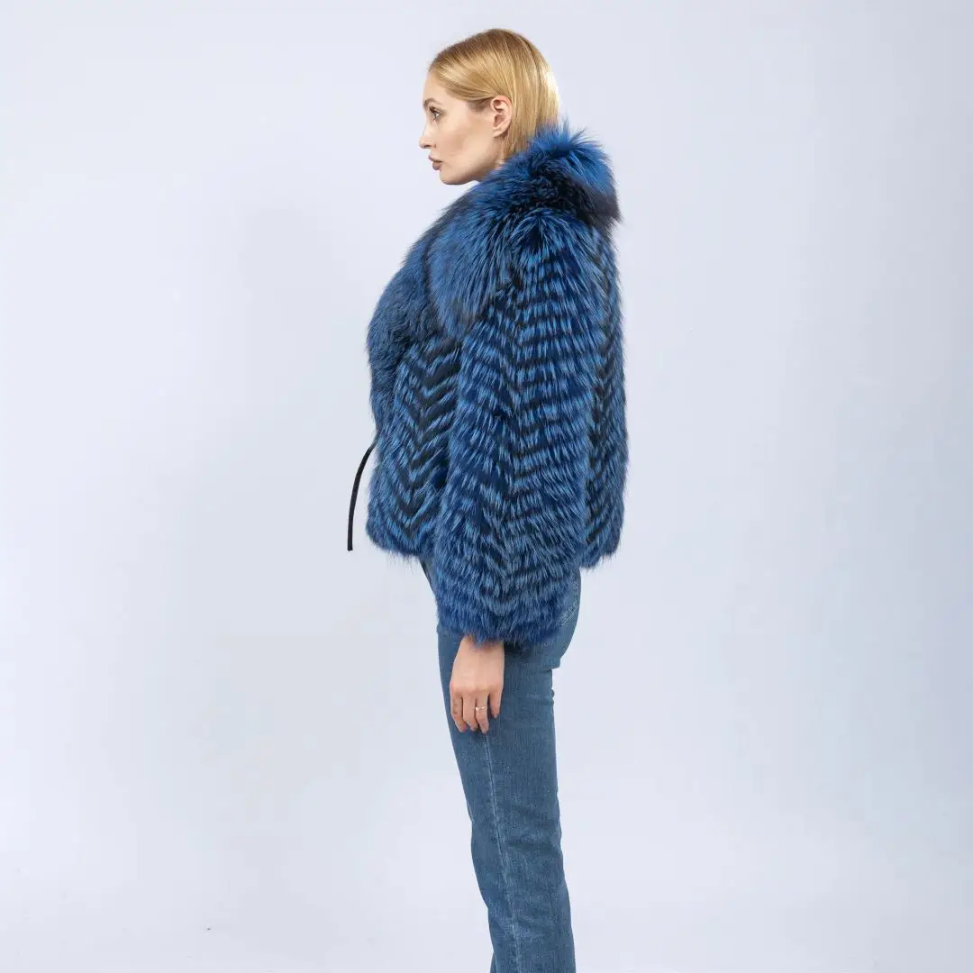 Royal Blue Natural Silver Fox Fur Jacket with Big Turn-down Collar Winter New Genuine Leather Fox Fur Coats Short Outwear