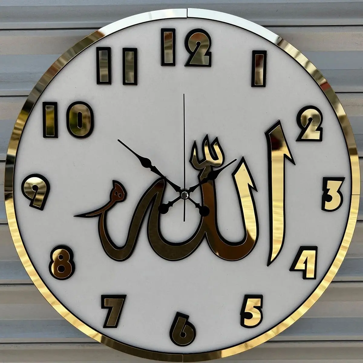 3D Decorative Islamic Wooden Wall Clock Allah Written Mirrored Modern Gold Design Calligraphy Art Wall Clock for Living Room