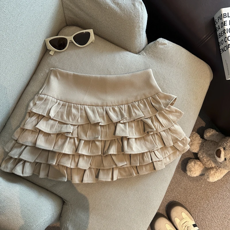 

Women's Aesthetic Khaki Wood Ear Lace Cake Skirt 2000s Fashionable French Elegant Sexy Autumn New Short Skirt High Waist Skirt