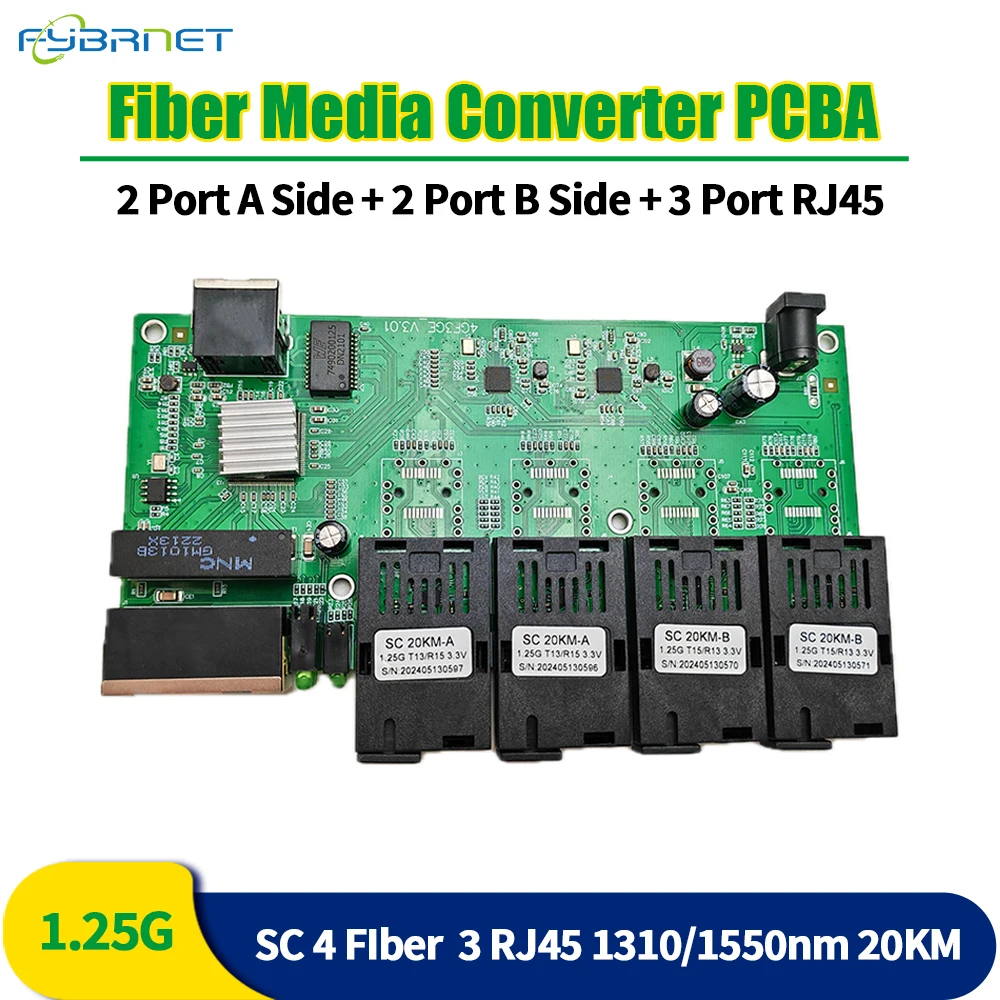 100/1000M Gigabit Ethernet Switch 20KM 4 x 1.25G Fiber Port SC 3 1000MBPS RJ45 Optic Fiber PCBA Board 4F3E PCBA Board