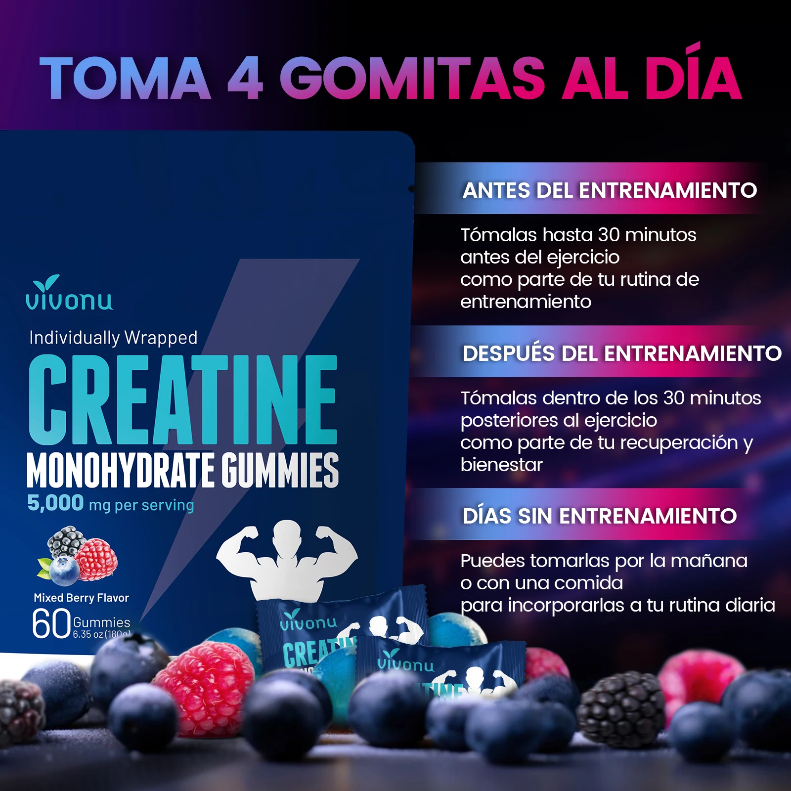 Alternative view of VIVONU Creatine Gummies 5000 mg de creatina monohidrato por porción | Sabor a bayas mixtas | Suplemento de creatina monohidrato sin azúcar (suitable para hombres y mujeres) | Suplemento pre-entrenamiento sin gluten.