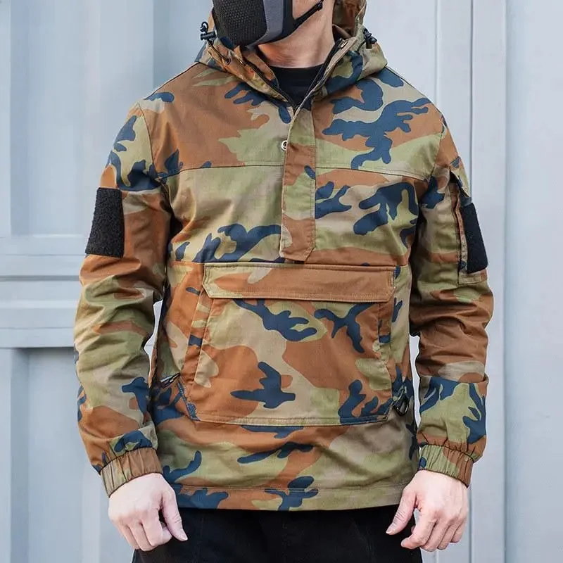 Men Tactical Camouflage Kangaroo Pullover Jacket Outdoor Hiking Camping With Multiple Pockets High-quality Fashionable Clothing