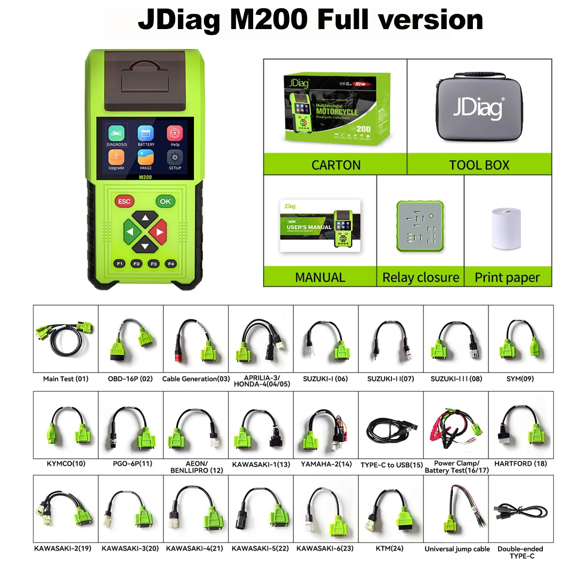 JDiag M200 Motorcycle Diagnostic OBD2 Scanner Moto Fault Code Reader Battery Tester Motoscan Tool For BMW Yamaha Kawasaki Honda