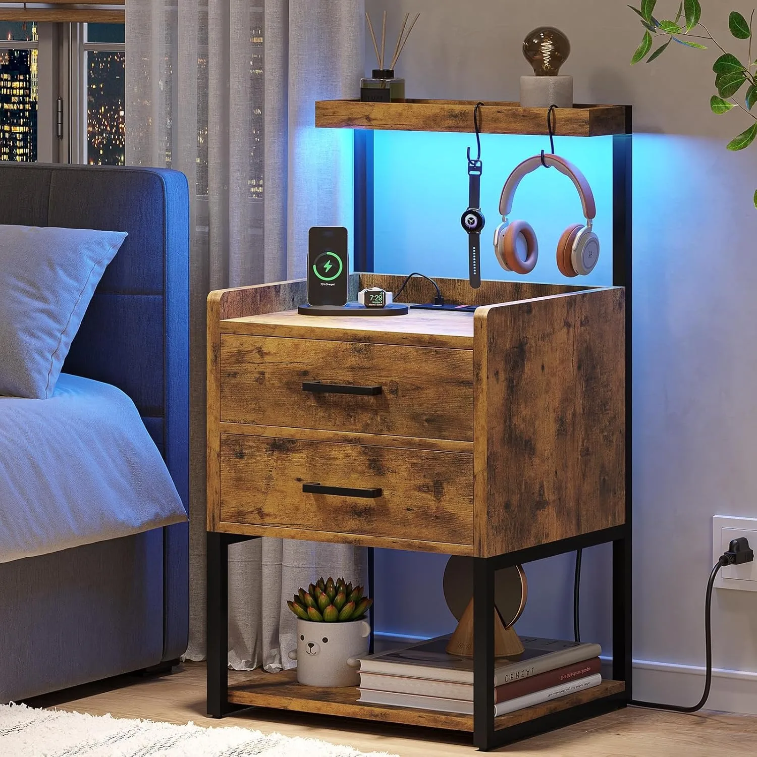 

Nightstand with Charging Station and LED Lights, Rustic Brown Bedside Night Stands with 2 Drawers and Open Storage Shelve