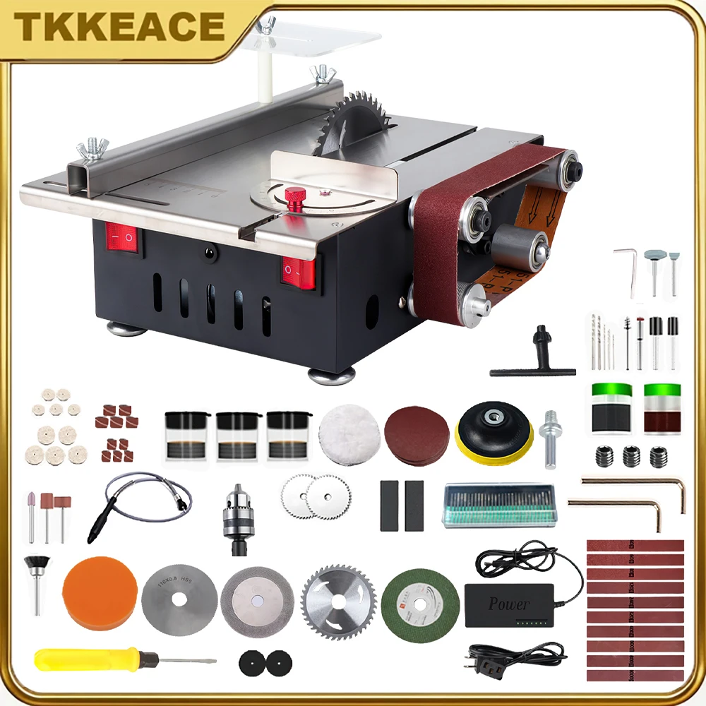 Scie de table miniature multifonctionnelle TKKEACE avec ponceuse, commande à double moteur, 7 vitesses, angle et profondeur réglables pour la découpe