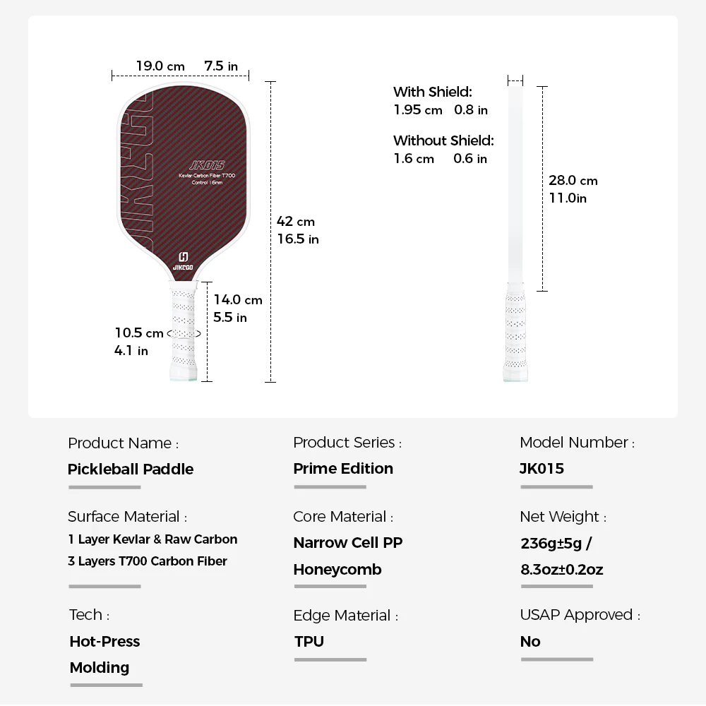 JIKEGO Kevlar T700 ดิบคาร์บอนไฟเบอร์ Pickleball Paddle 16 มม.5.5 นิ้ว Grip แคบเซลล์ PP Core Pickle ลูกผู้ใหญ่เด็กแร็กเก็ต