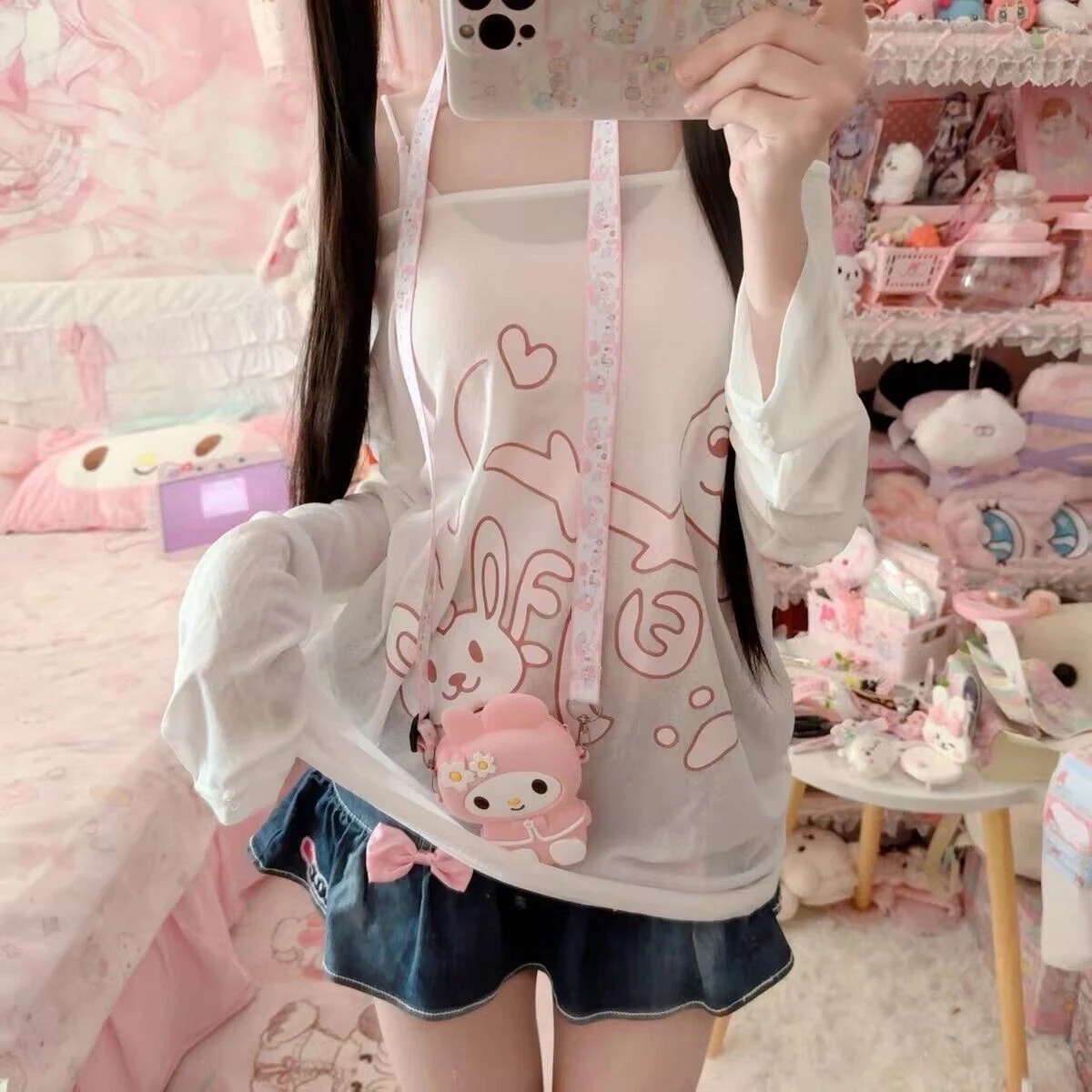 Süßes Kawaii Cartoon-Print Damen T-Shirt mit Spitzen-Patchwork, Schleife, Schulterfrei-Ausschnitt, Niedliche Grafik-Tees, Y2k Ästhetik T-Shirts Tops – Detail 5