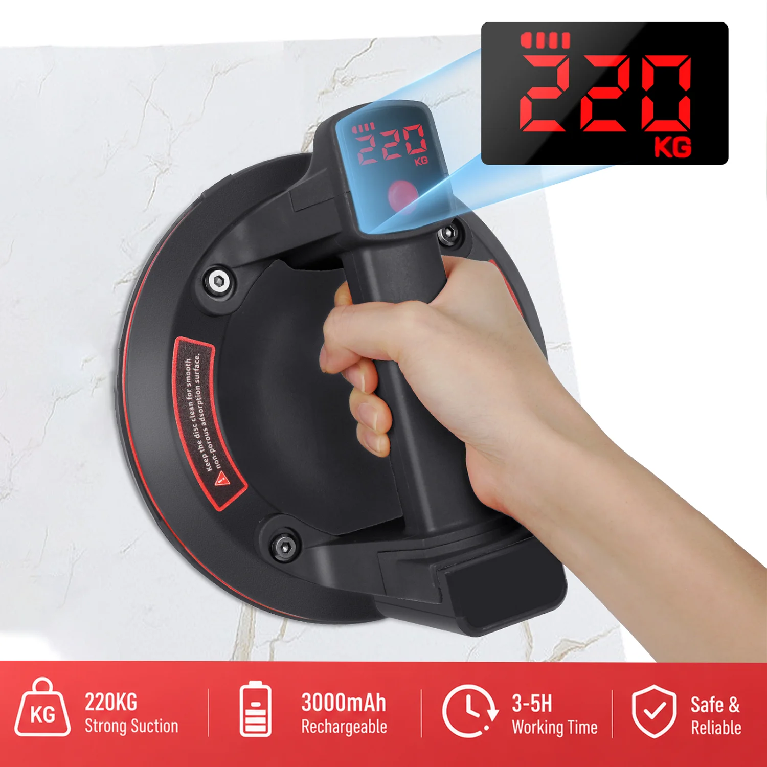 Image of 220kg Elektrischer Vakuum-Saugnapf mit Automatischer Luftpumpe, 8 Zoll Wiederaufladbarer Glasheber, LCD-Druckanzeige für Fliesen, Granit, Marmor, Metall & Stein