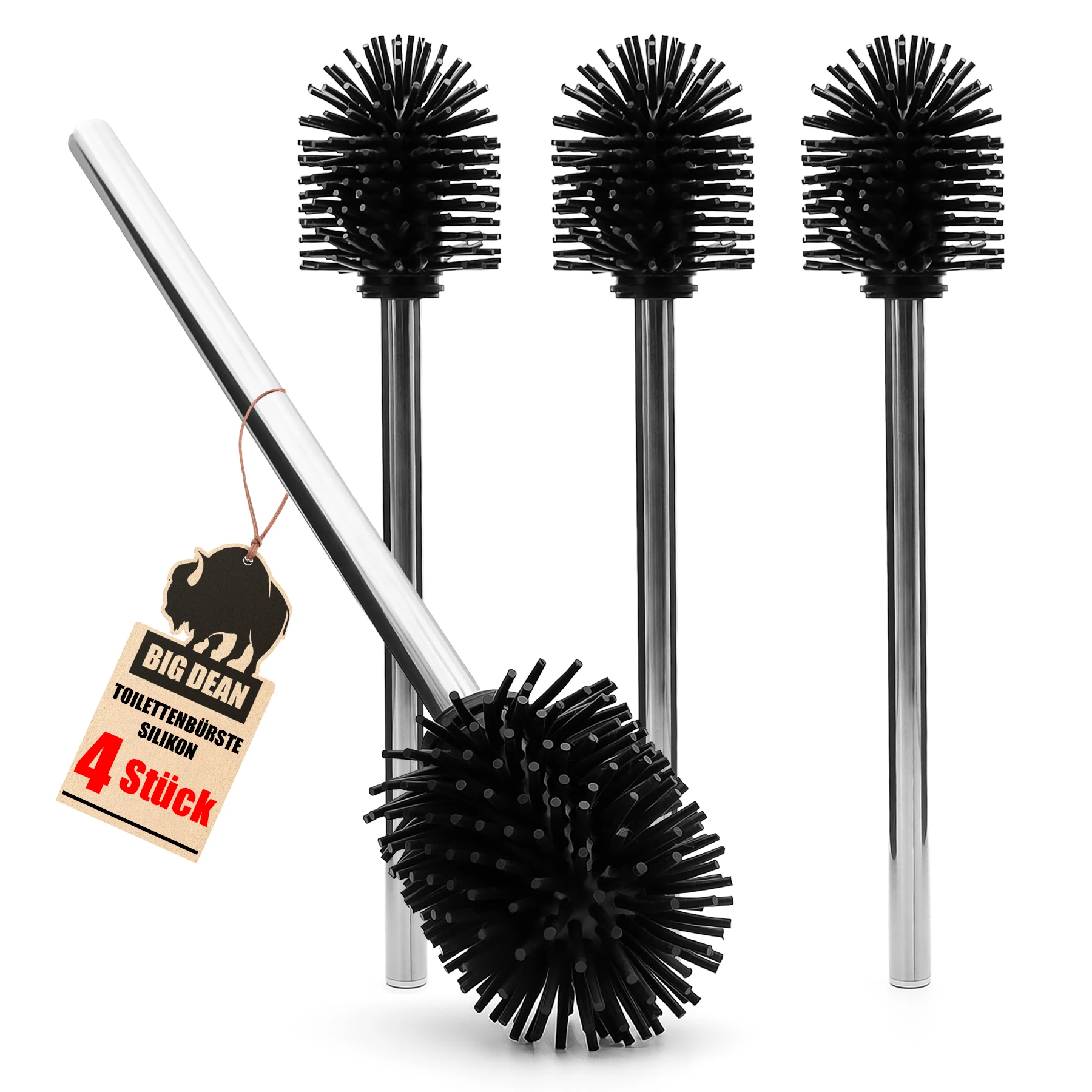 BigDean Silikon Klobürste – Silikon WC Bürste im 4er Set | Toilettenbürste Silikon Schwarz | WC Bürste Silikon Ersatzbürste – Flexibel, Antibakteriell & Hygienisch | Schnelltrocknend & Spritzfrei