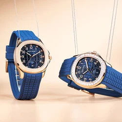 Reef Tiger Golf Rose Gold Diamonds Mechanical Automatic Men Watch Multifunction Blue Rubber Band Waterproof Sport Watch RGA1805