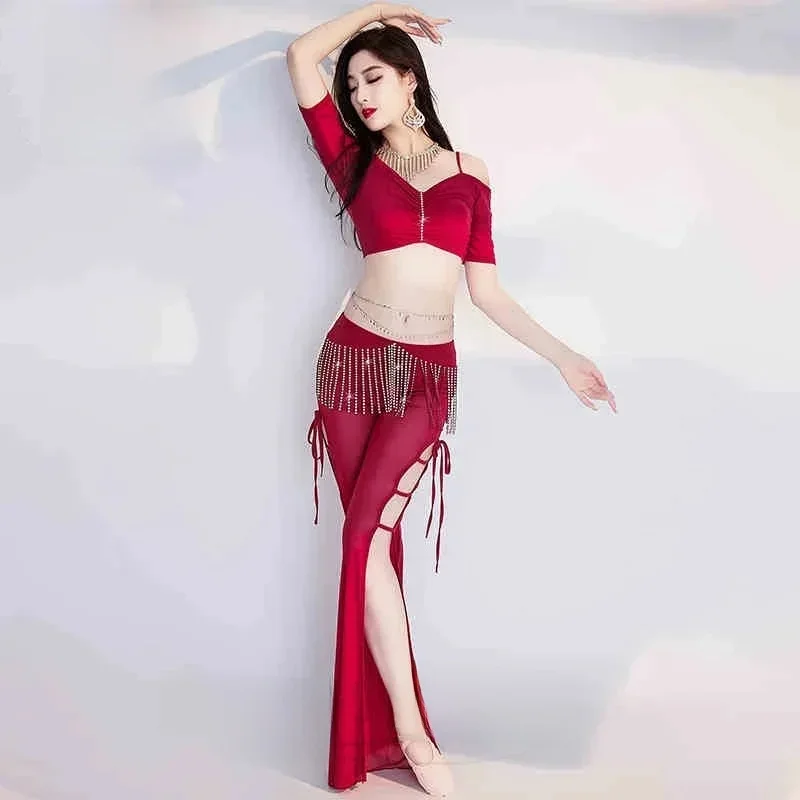 BellyDance Oefenkleding V-hals Korte Mouwen Top + Kwastje Split Broek 2 Stuks Volwassen Oosterse Dans Professionele Trainingskleding - afbeelding 2