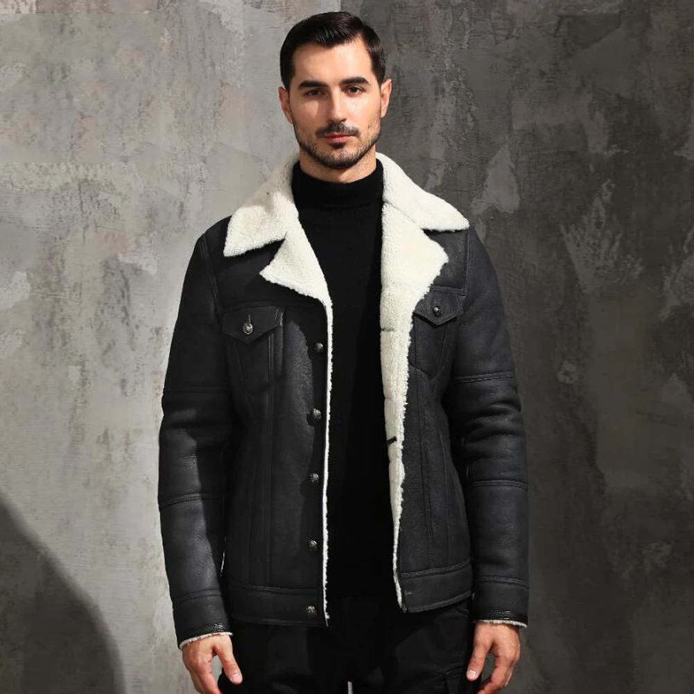 Denny&Dora Mens Suit Collar Shearling Jacket Natural Shearling Leather Coat Casual Leather Coat