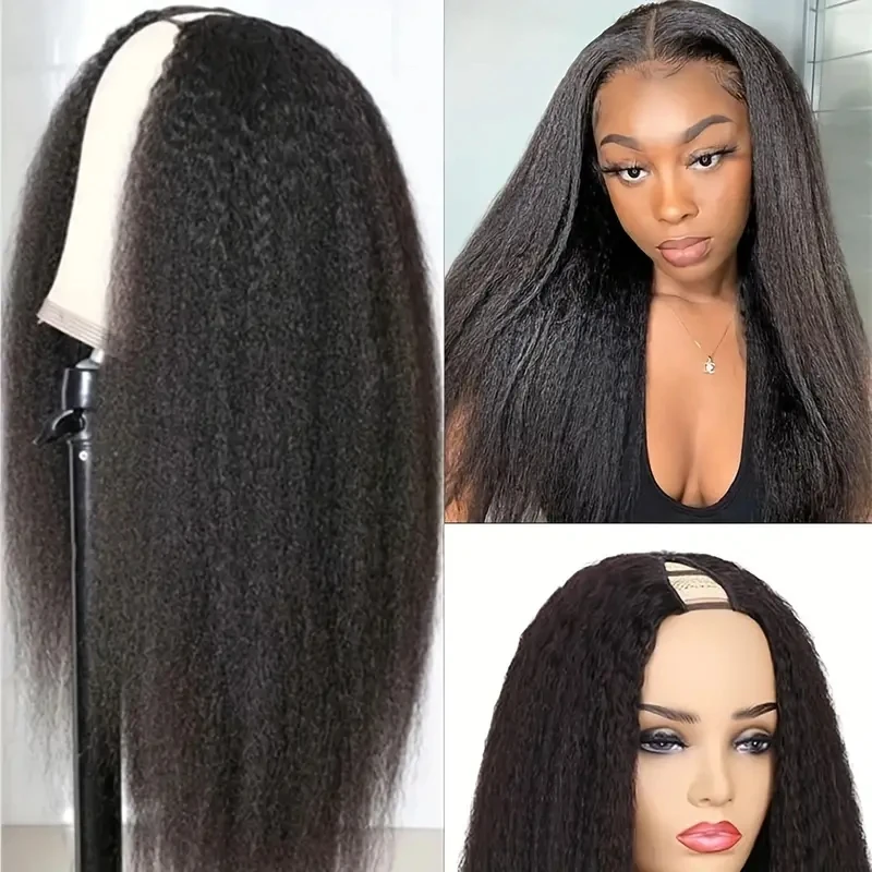 Kinky Straight V Part Wigs Human Hair Machine Made Yaki Straight Clip In Half Wig For Women Who Want To Add Volume&Style to Hair