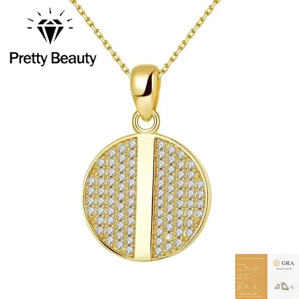 Pretty Beauty S925 Silver Moissanite Round Disc Pendant Necklace Full Diamond Gold Plated Necklace Fine Jewelry Gift for Women