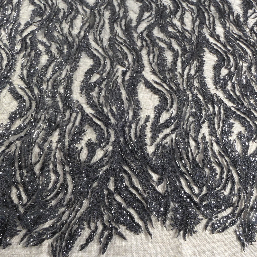 

HelluyerDc popular Black beaded lace fabric,big patterns embroidery for wedding prom dress fabric by the yard