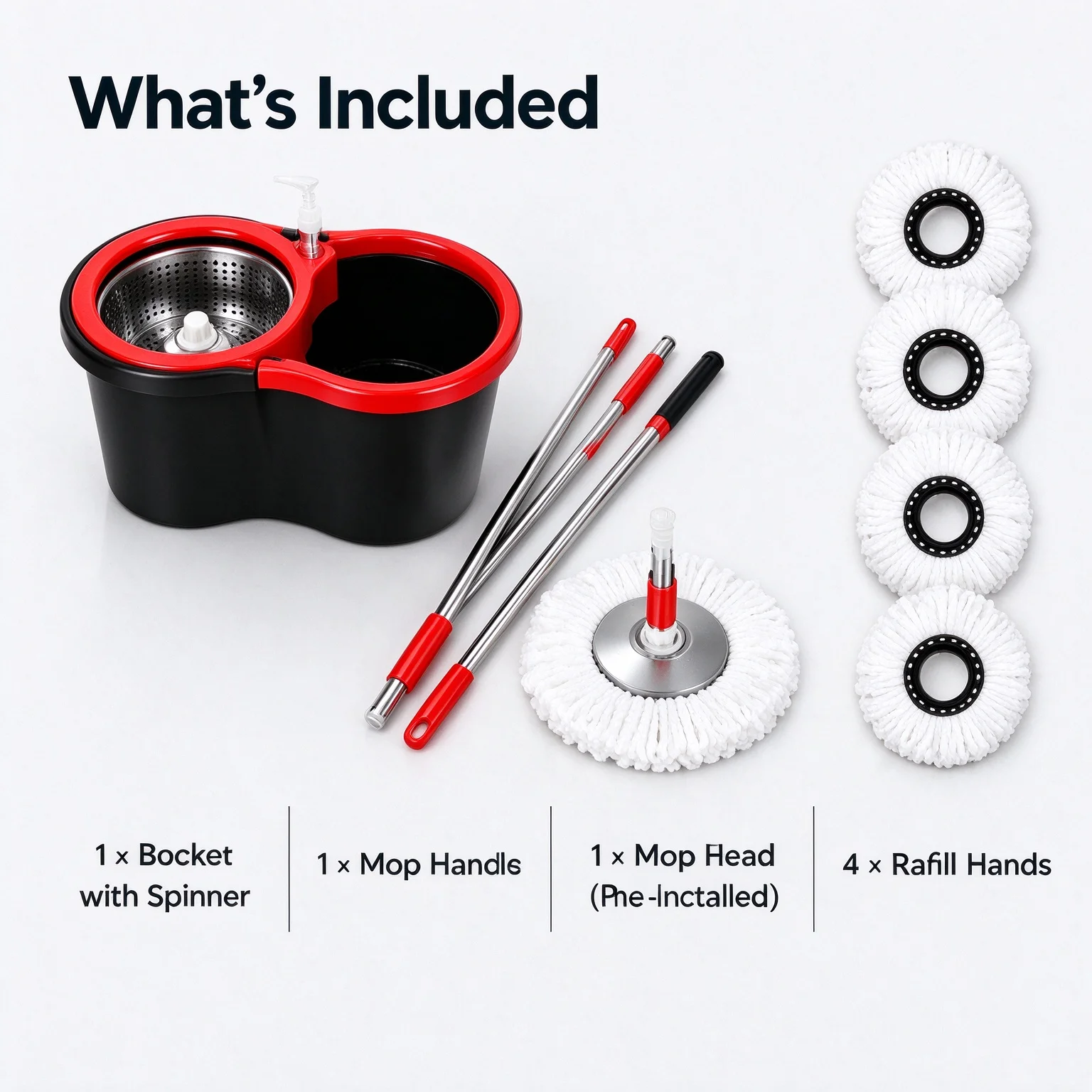 Spin Mop and Bucket Set, 360° Rotating Microfiber Mop with Stainless Steel Spinner, Adjustable Handle, Replacement Pads for Hardwood, Tile and Marble Floors
