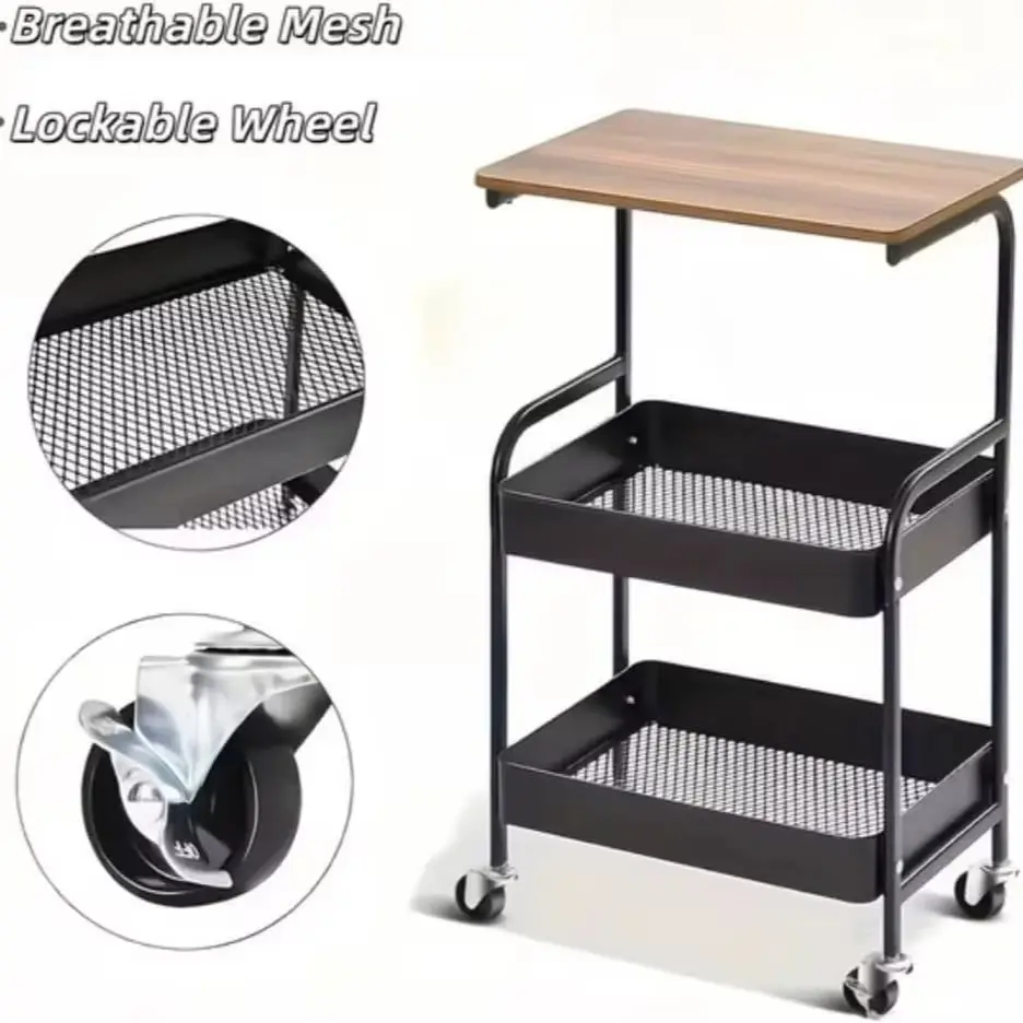 Mobile Rolling Serving Cart with Wood Tabletop, 3-Tier Metal Mesh Storage Utility Cart with Lockable Wheels, Versatile Organizer Trolley for Kitchen, Bedroom, Salon, Bar & Living Room