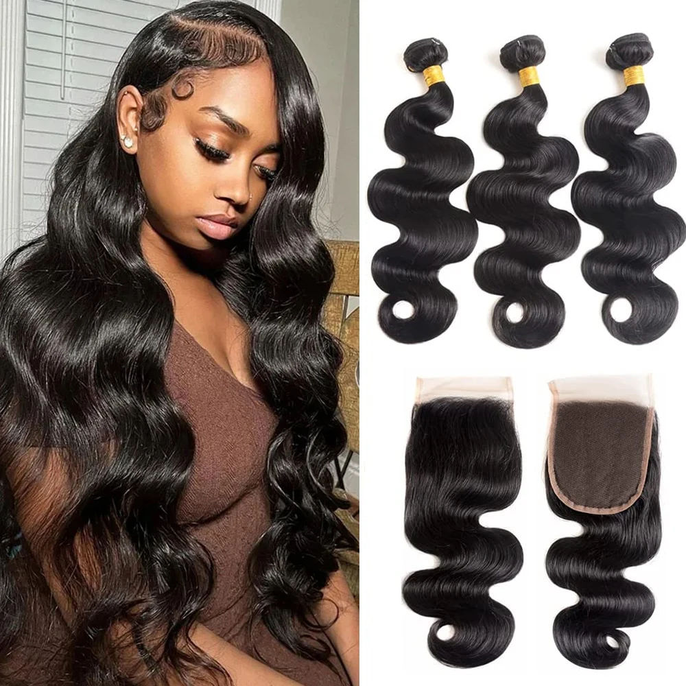 

Human Hair Bundles With Closure Brazilian Body Wave Bundle With 4x4 Closure Human Hair Weave Extensions 3 Bundles Remy for Women