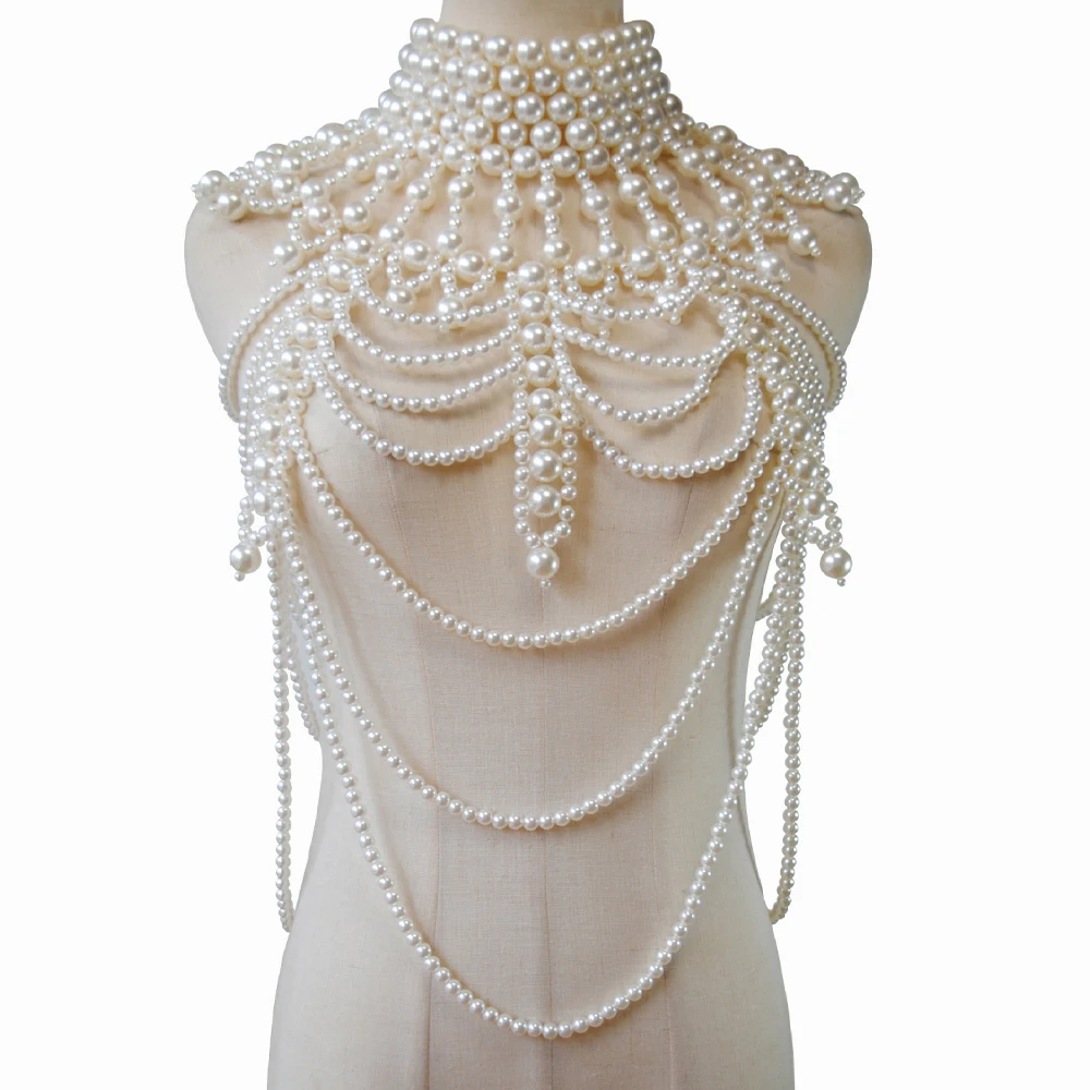 Imitation Pearl Shoulder Chain Necklace Top Jewelry Dress Harness Wedding Festival Accessories Clothes Women Rave Body Chain Bra