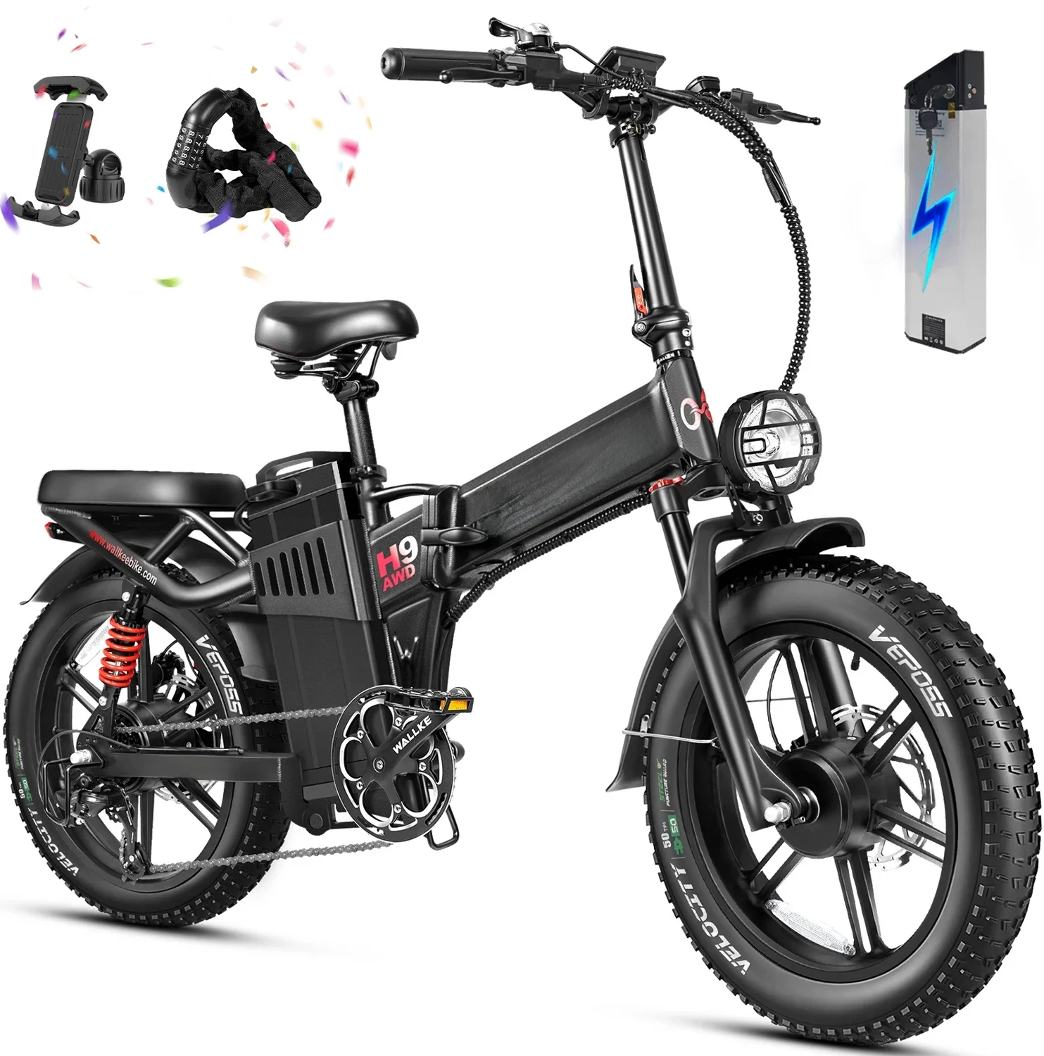 AliExpress W Wallke H9 AWD Folding Electric Bike for Adults 82AH 3200W Dual Motor 430 KM Ebike 20*4.0" Fat Tire APP Control 7 Speed E-bike