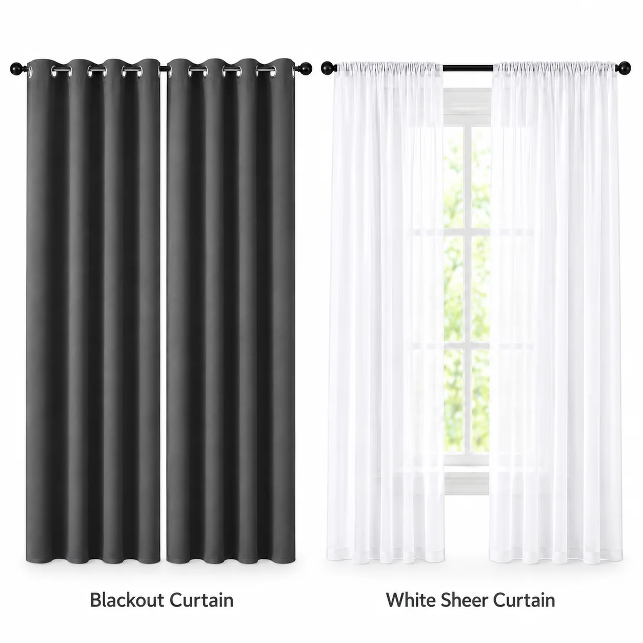 Grommet Blackout Curtains & Rod Pocket Sheer Panels – 2-in-1 Window Treatment Set – Thermal Insulated Darkening Curtains with Light Filtering Voile for Bedroom
