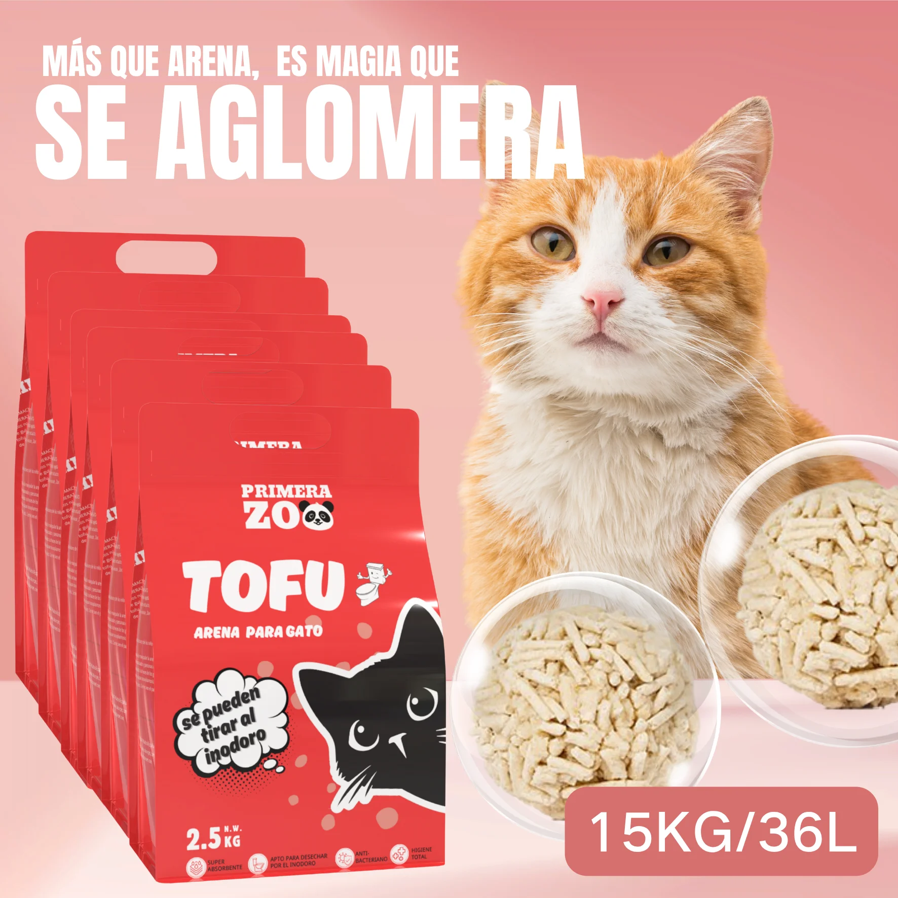 Primerazoo Arena para Gatos de Tofu Natural – Súper Absorbente y Desodorizante, Baja en Polvo, Aglomerante y Desechable por el Inodoro