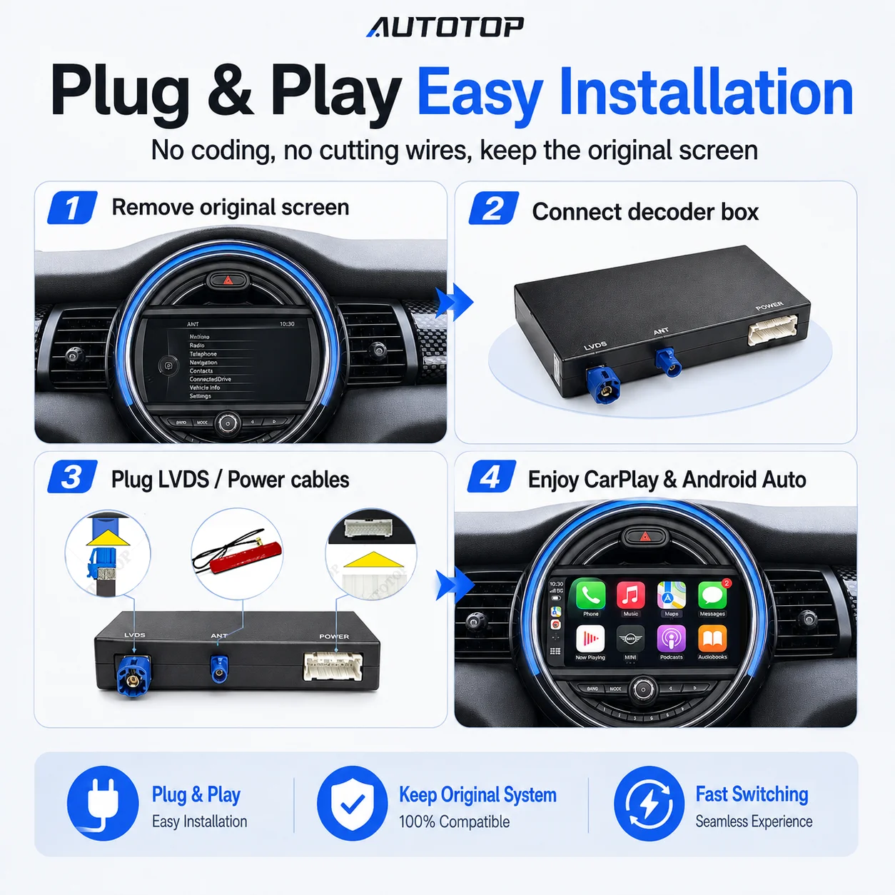 Kit di aggiornamento AUTOTOP per CarPlay wireless e Android Auto per MINI Cooper One JCW Clubman Countryman Cabrio R55 R56 R57 R58 R60 R61 F54 F55 F56 CCC CIC NBT EVO, aggiornamento display di