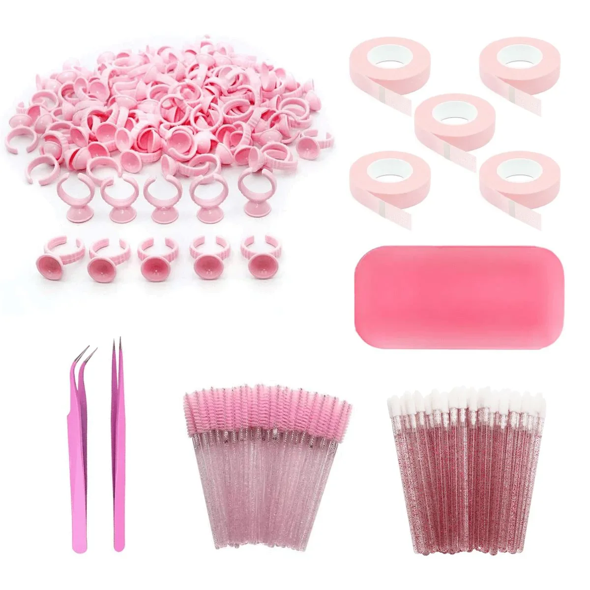 Veyes Inc-Kit de accesorios de la serie rosa de 208 piezas, pinzas de Veyelash para extensiones de pestañas, cepillos de brillo, anillo de pegamento, tazas, cepillo de labios