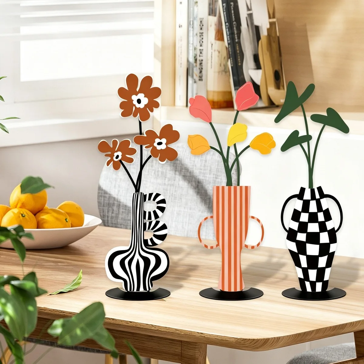 Black White Checkered Metal Vase Decor Set 3pc Iron Table Ornament Stripe Leaf Shelf Accent