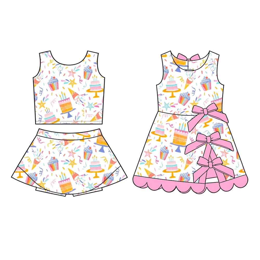 Birthday Theme Boutique Kids Set Top Paired Short Skirt Girls Set Bow Decoration Dress Candle Cake Print Girl Dress and Set