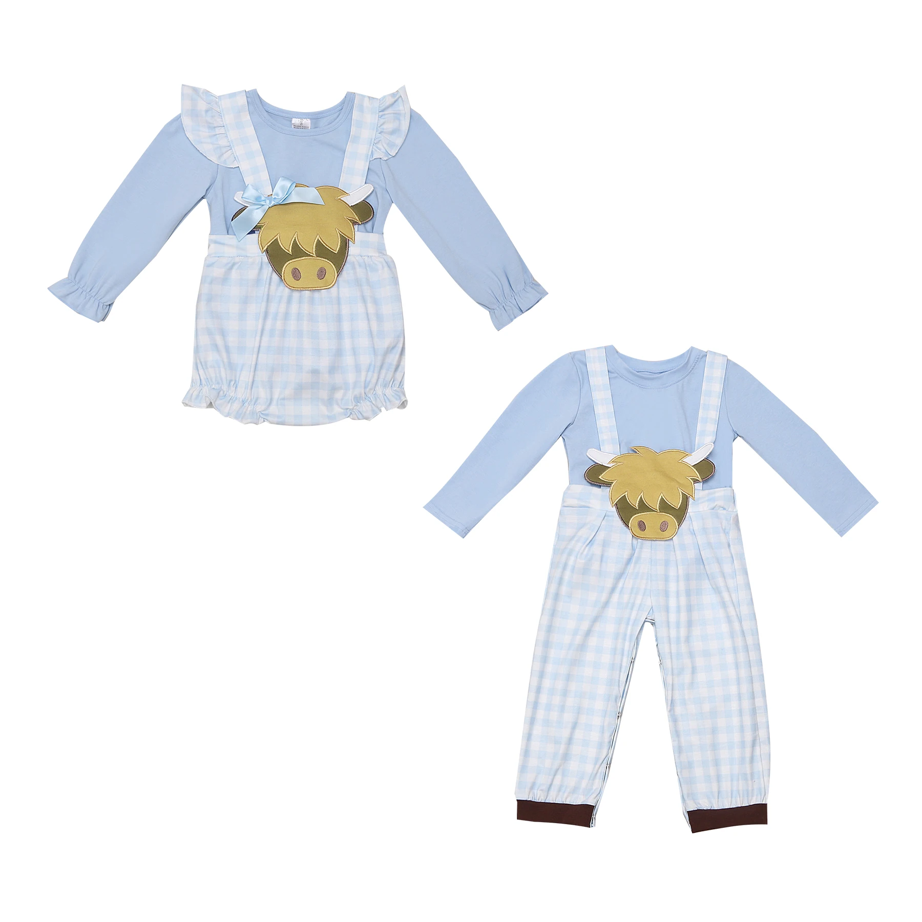 

Fall Long Sleeve Round Neck Romper OX Cattle Embroidery Jumpsuit Mint Girls Clothing Suit Blue Lattice Outfits Boy Clothes Set