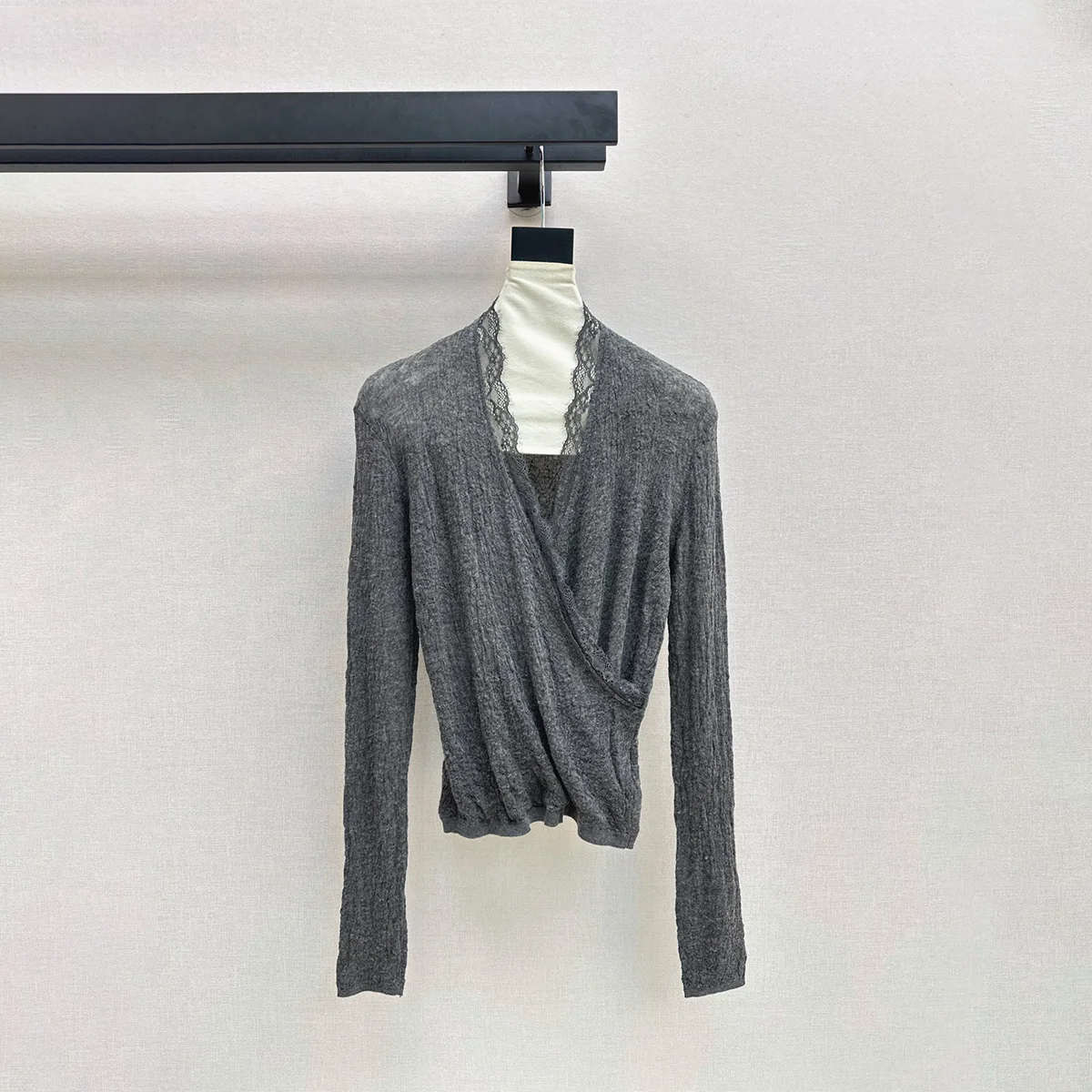2026 High Quality Women Knit Top, Lace Trim V-Neck Wrap Knit Shirt, Textured Slim Long Sleeve Blouse26102090