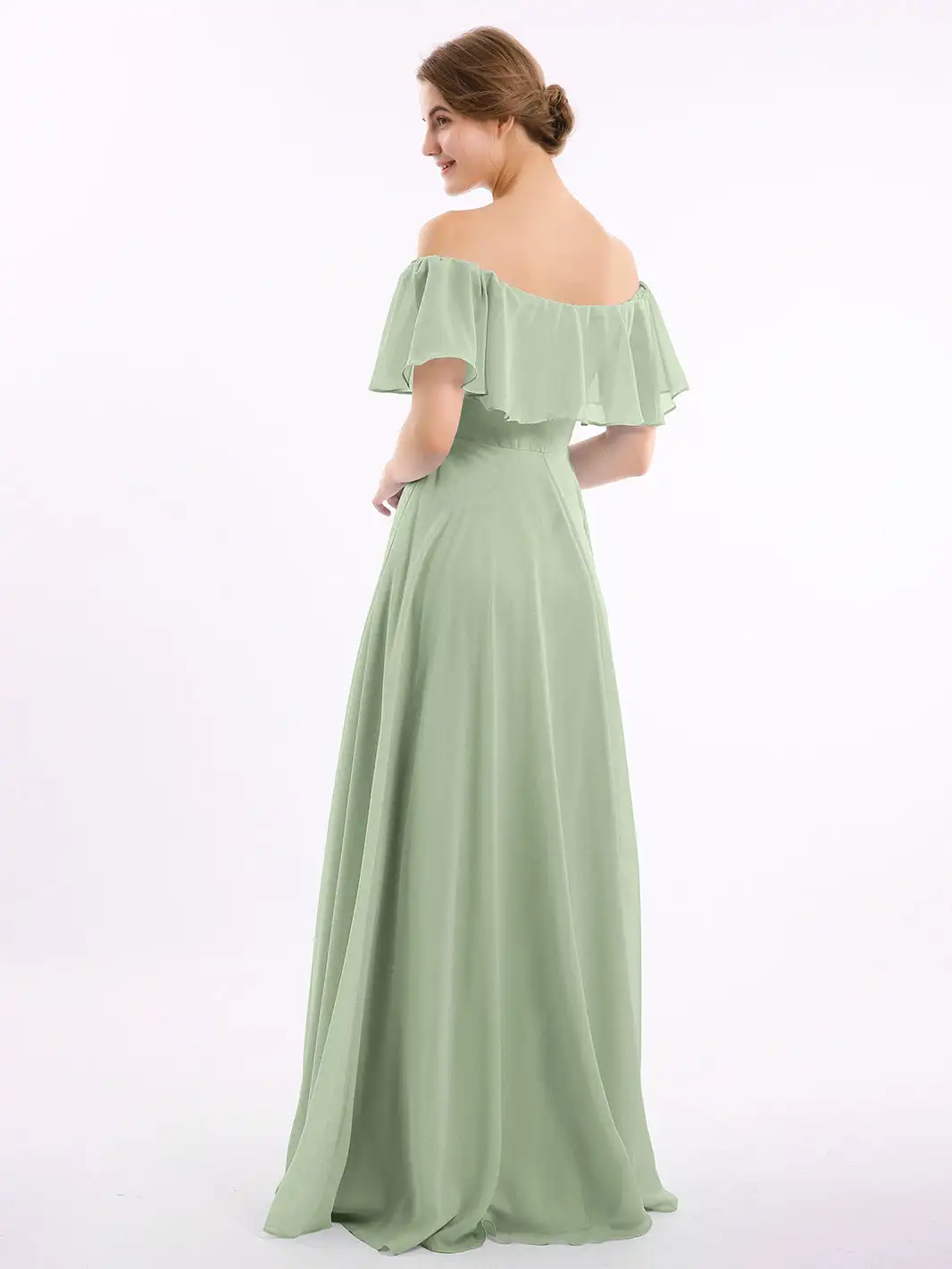 Off The Shoulder Chiffon Bridesmaid Dress Flutter Sleeves Wedding Cocktail Dresses With Slit Pleated Evening Gowns