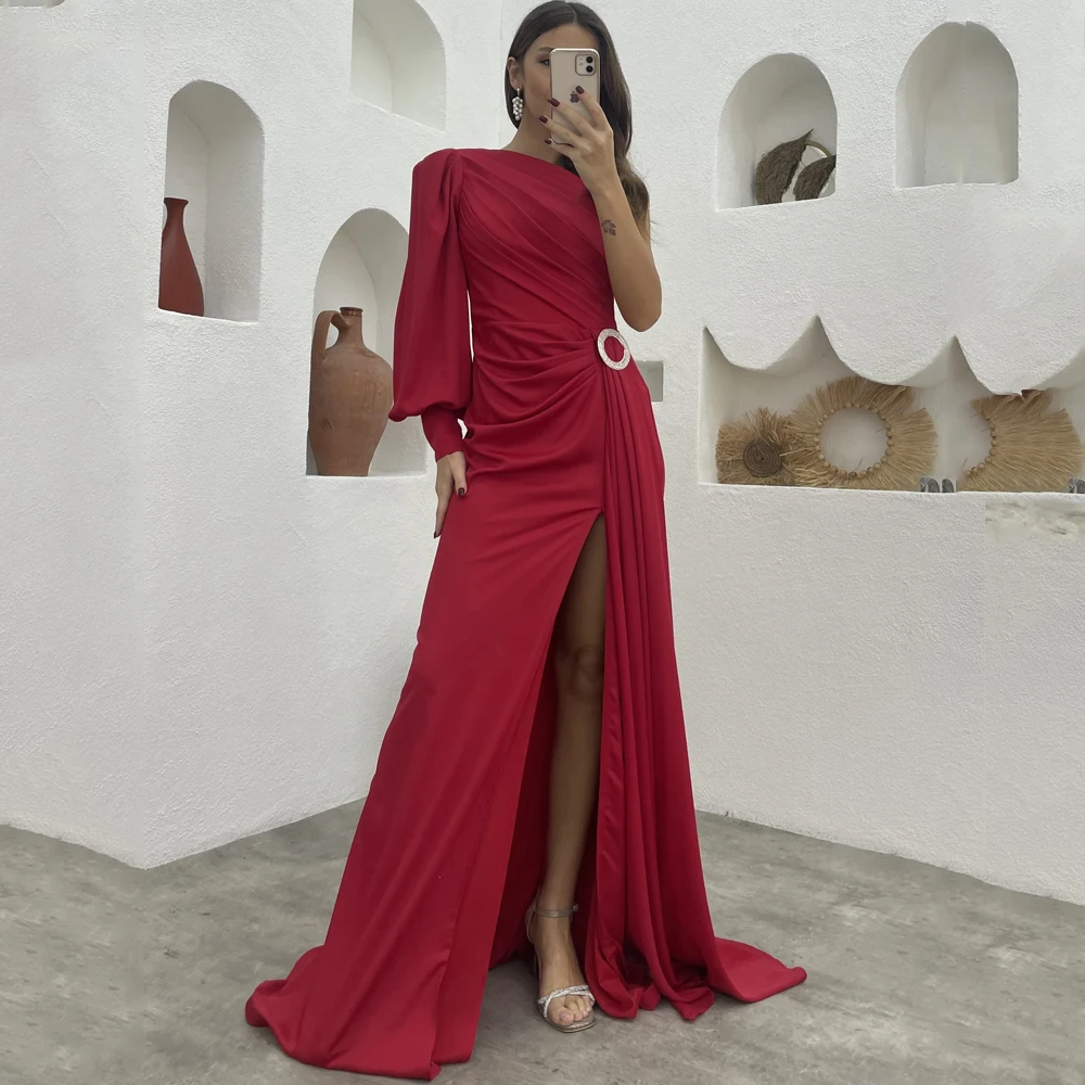 

Furtanseo Morocco Evening Dresses Saudi Arabia Embroidered Split Skirt One Shoulder Sleeve Red Sweep Train Party Prom Gown