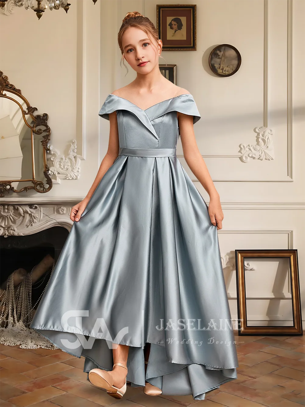 ชุดเจ้าหญิงสำหรับเด็กชุดเพื่อนเจ้าสาวยูนิเซอร์ชุดปิดไหล่ไม่สมมาตรซาตินชุดสาวดอกไม้งานแต่งงานอย่างเป็นทางการพิเศษ