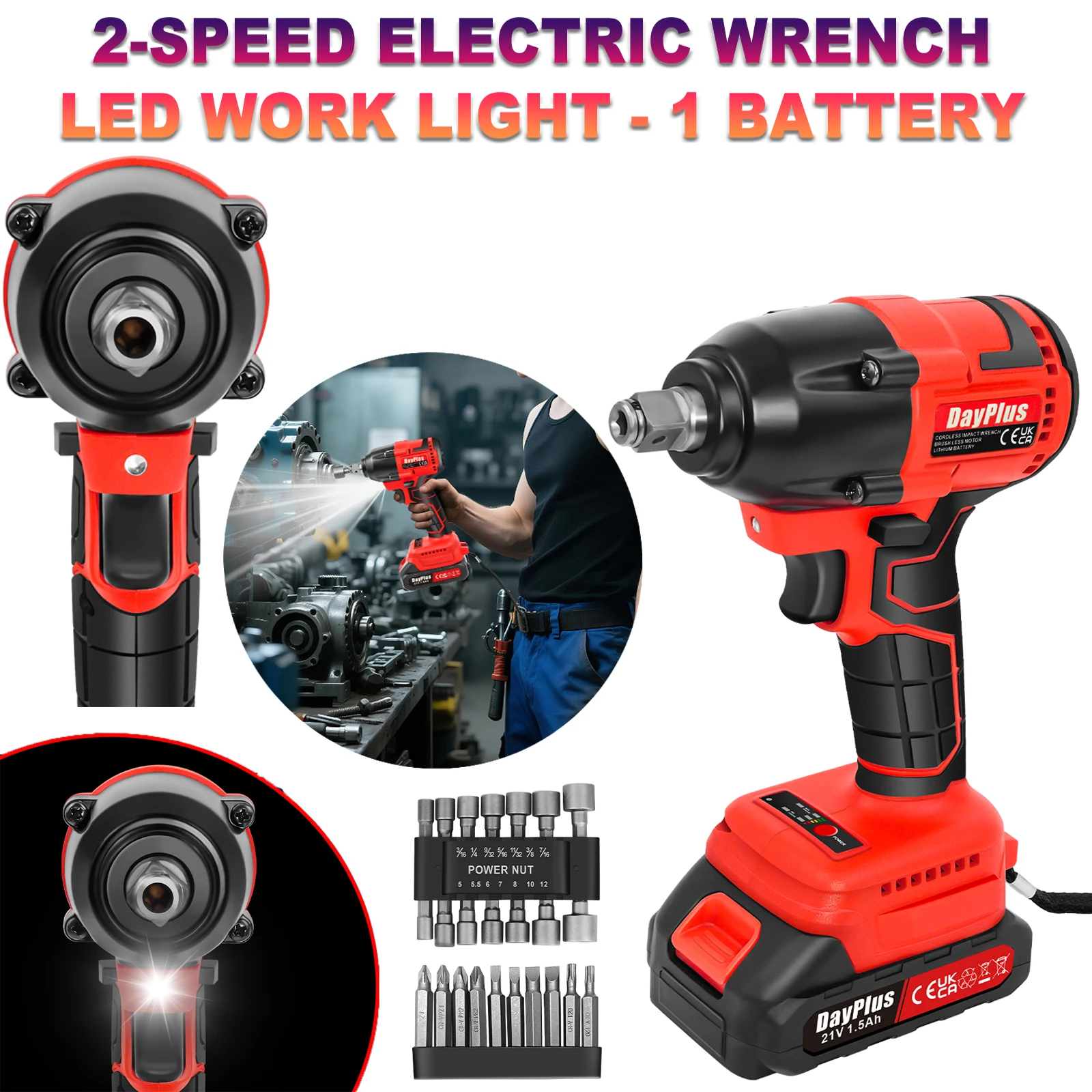 Llave de Impacto Inalámbrica 3 en 1, Pistola de Impacto Eléctrica sin Escobillas de 500N.m y 1/2″ – 2 Velocidades (0‑3200 RPM), Batería de 1500 mAh – Para Neumáticos de Coche y Perforación