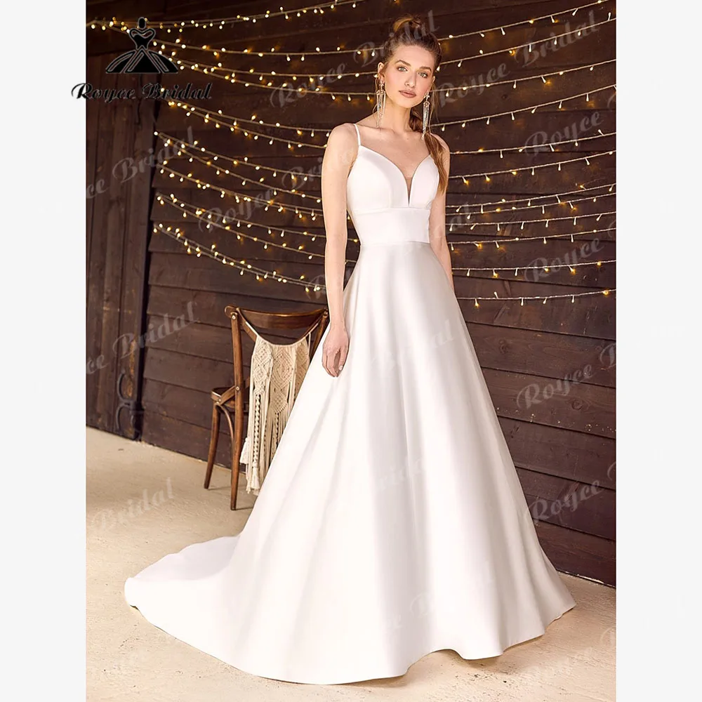 Vintage V Neck Soft Satin Wedding Dress for Women 2024 Backless Spaghetti Straps Bridal Gown vestido novia princesa Roycebridal