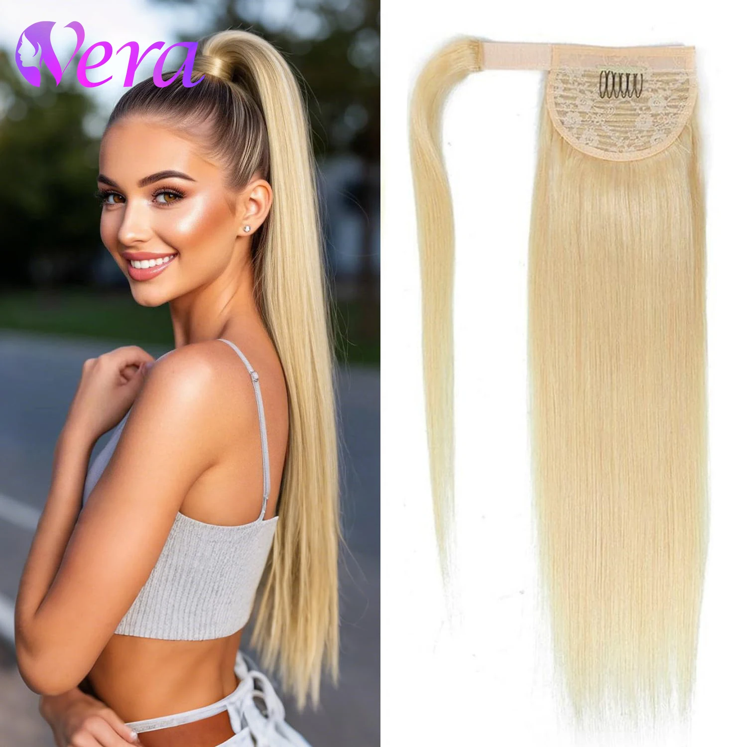 Straight Wrap Around Ponytail Human Hair Extensions Straight #613 Blonde Color Clip In Real Human Hair Ponytail Extensions 100G