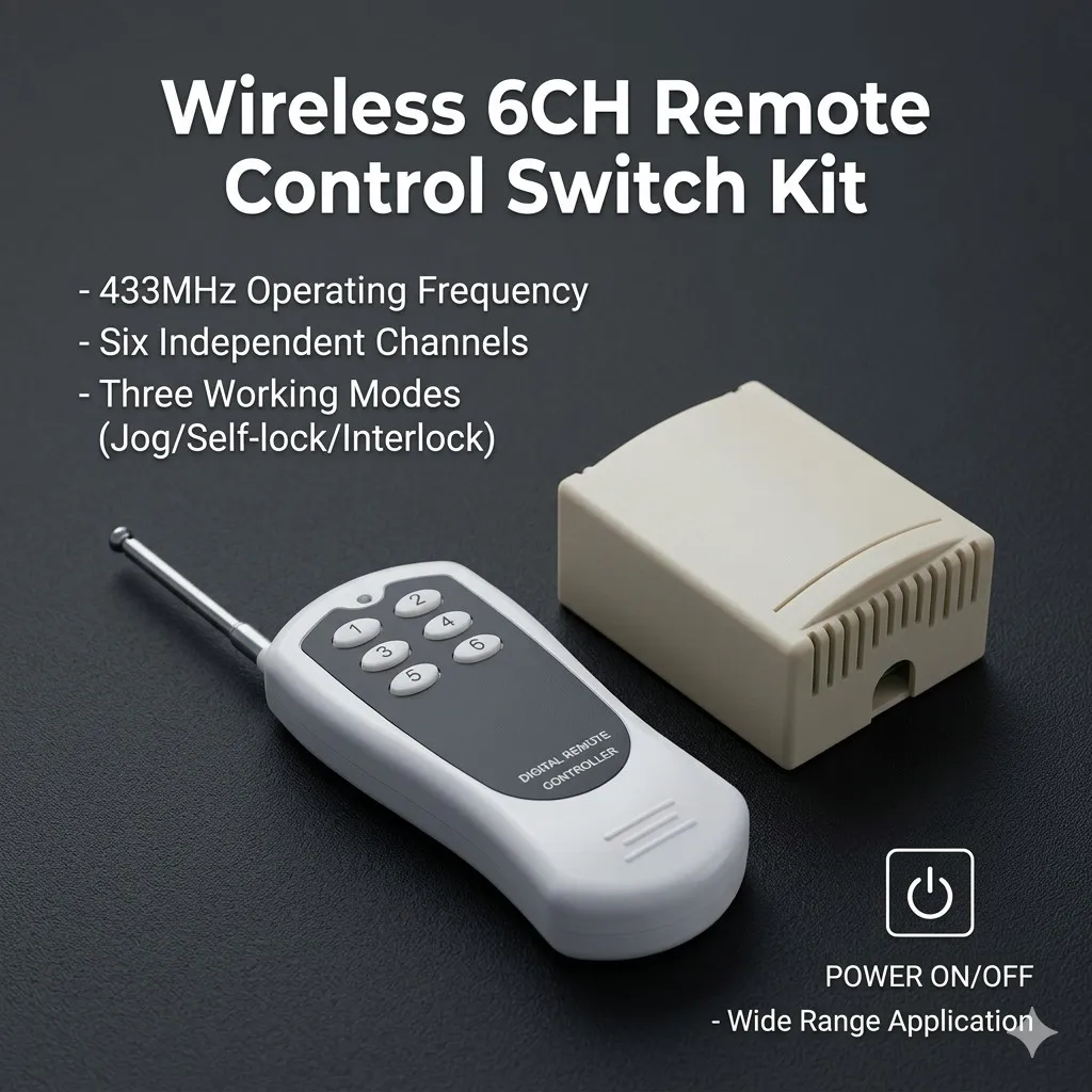 6 Relay Receiver Wireless Remote Control Switch System & Digital RF Remote,10A 12V/24V DC for Home/Factory/Lighting/Fan/Pump