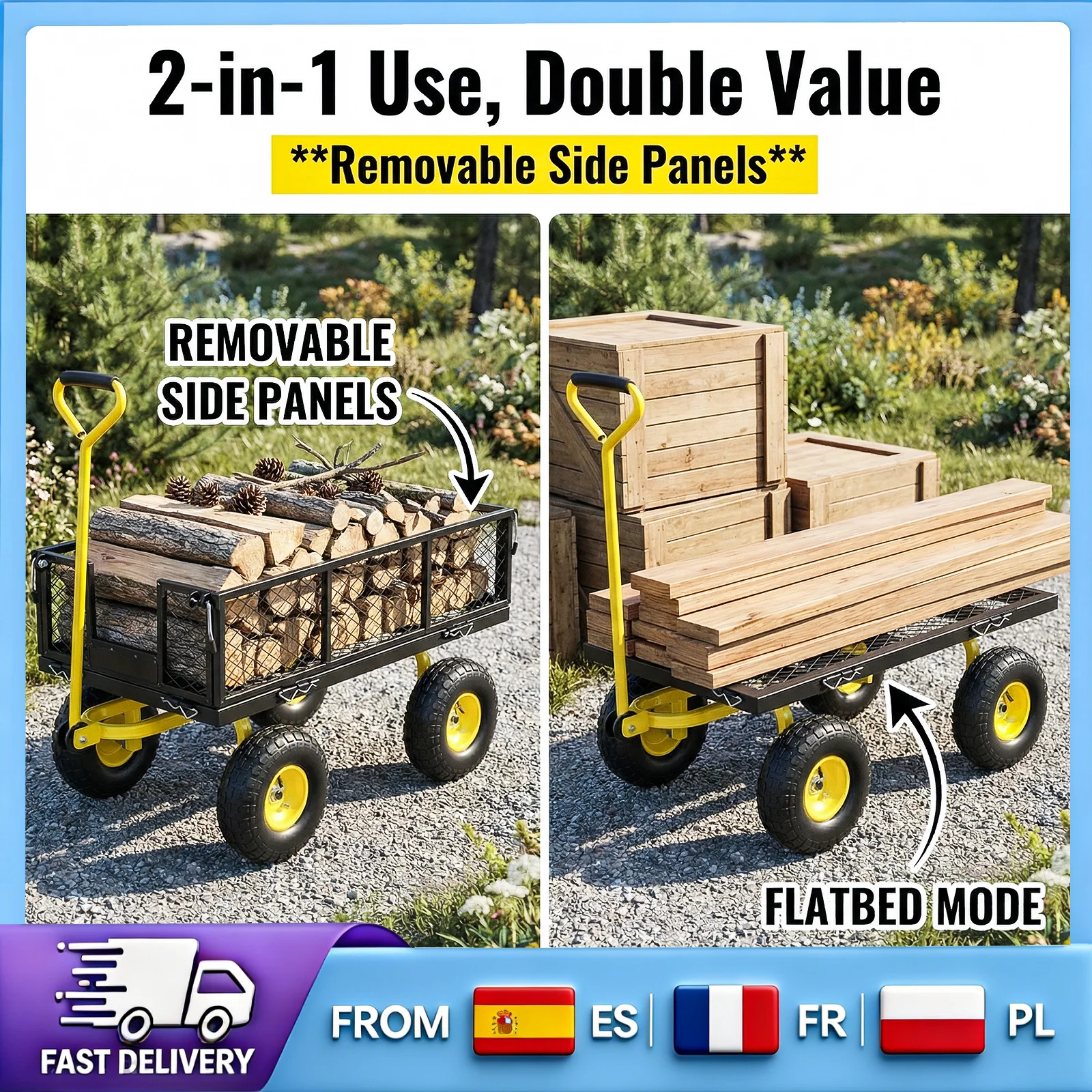 Carreta Utilitaria Convertible 2 en 1 con Capacidad de Carga de 900 LBS, Construcción de Acero de Alta Resistencia, Ruedas de Goma Todoterreno de 10 Pulgadas de Ancho, Asa Ergonómica, Carreta para Jardín y Exteriores