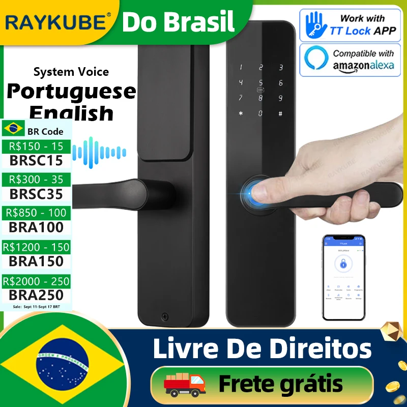 Do Brasil RAYKUBE F7 TT Lock Fingerprint Electric Door Lock Portuguese/English Version Work With Alexa Free From Brazil Free Tax