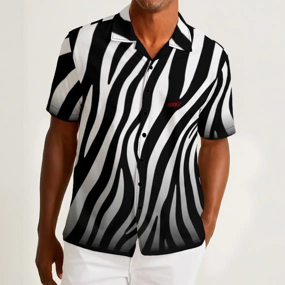 

Zebra digital print pattern Hawaiian style men's button abstract digital print fun party summer button short sleeved shirt