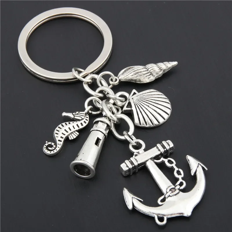 1szt Brelok do kluczy plażowych Kotwica rybna Latarnia morska Muszla konik morski Charms Brelok do kluczy Biżuteria Letni prezent E1641 — zdjęcie 2